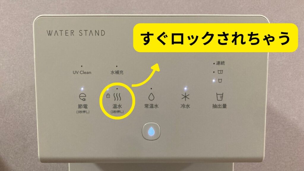 ウォータースタンドの操作パネルの写真。「温水(3秒押し)」のボタンが黄色い丸で囲まれ、そこから「すぐロックされちゃう」と書かれたテキストボックスへ矢印が伸びている。温水機能を使おうとするとすぐに自動ロックがかかってしまう仕様を説明している。