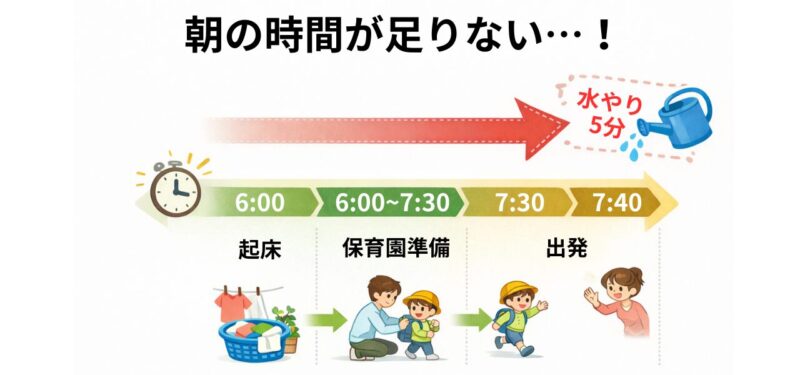 共働き家庭の朝のタイムラインと、5分の水やりが入らない様子の図解