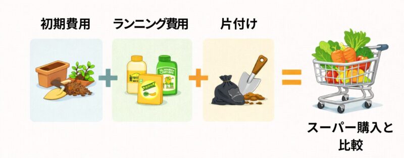 家庭菜園のコストを「初期準備・継続費用・片付け」の3要素で足し算し、スーパーで野菜を買う場合と比較する図解。