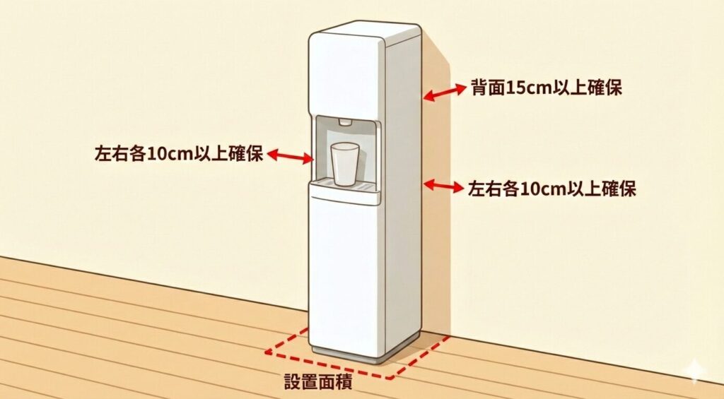 ピュアライフL（床置き型）の設置スペース目安を示す図。背面は壁から15cm以上、左右は各10cm以上の余白を確保し、床面には本体の設置面積（点線枠）を確保する必要があることを矢印と注記で説明している。