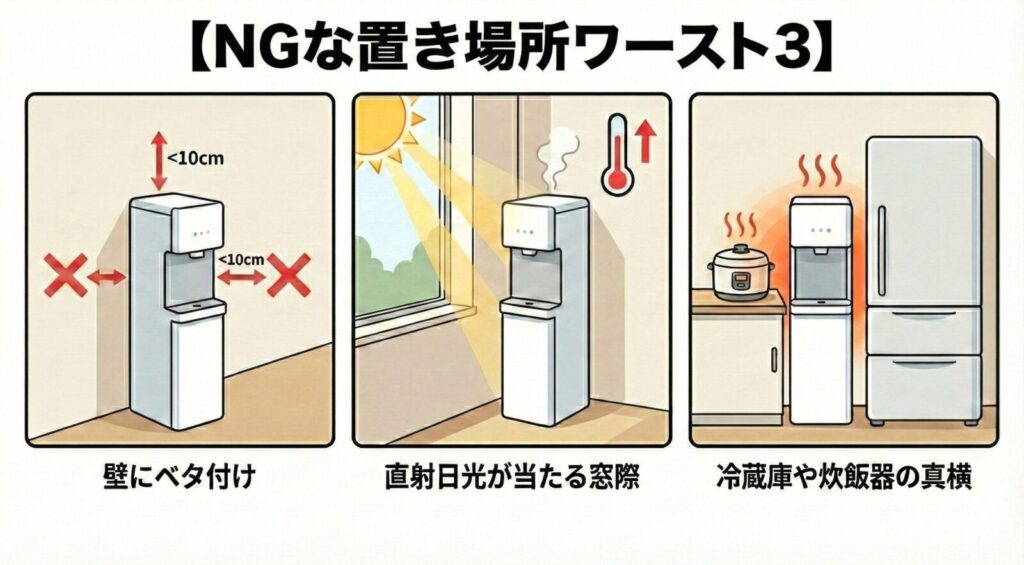 ウォータースタンド ピュアライフの『NGな置き場所ワースト3』を示すインフォグラフィック。左から順に、壁との隙間が10cm未満で密着している「壁にベタ付け」、窓際で太陽光を浴びて高温になっている「直射日光が当たる窓際」、熱を発する炊飯器と冷蔵庫の間に挟まれた「冷蔵庫や炊飯器の真横」の3つの避けるべき設置場所が、それぞれイラストとテキストで解説されている。