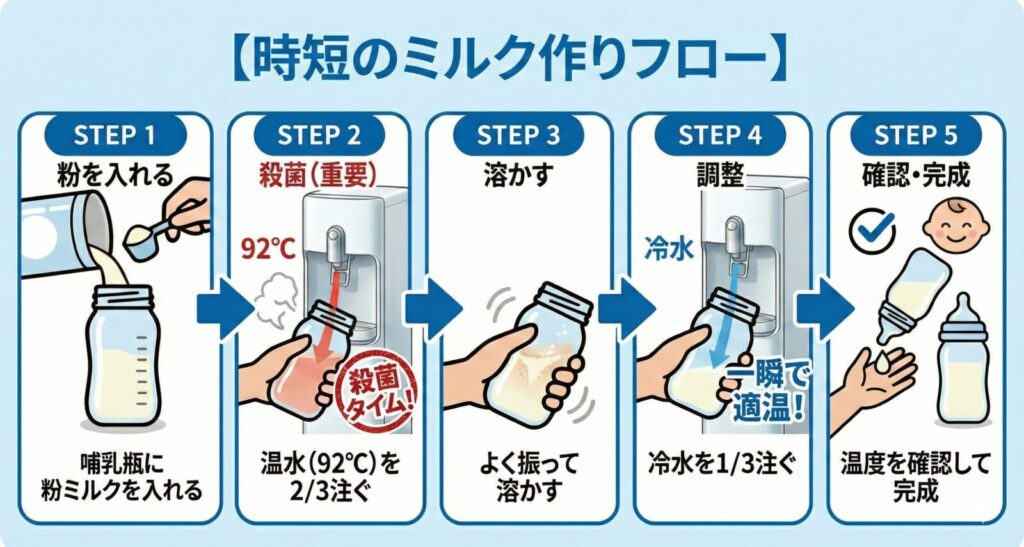 【時短のミルク作りフロー】の5ステップ図解。92℃の温水を2/3注いで殺菌した後、冷水を1/3足して素早く適温にする手順を示している。
