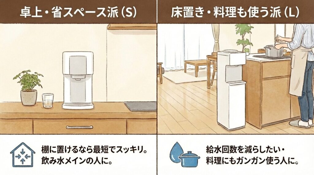 ウォータースタンド「ピュアライフ」S(卓上)とL(床置き)の選び方比較イラスト。左:省スペースで棚に置けるSは飲み水メインの人向け。右:キッチンで料理にも使いやすく給水回数を減らせるLは家族世帯向け。利用シーンの違いを図解。