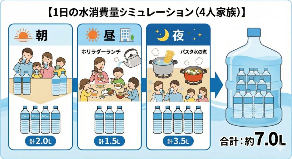 Gemini said
4人家族の1日の水消費量シミュレーション図。朝(2.0L)、昼(1.5L)、夜(3.5L)の具体的な使用シーンと、それぞれの消費量がイラスト付きで示され、1日の合計が約7.0Lになることが分かりやすく解説されている。