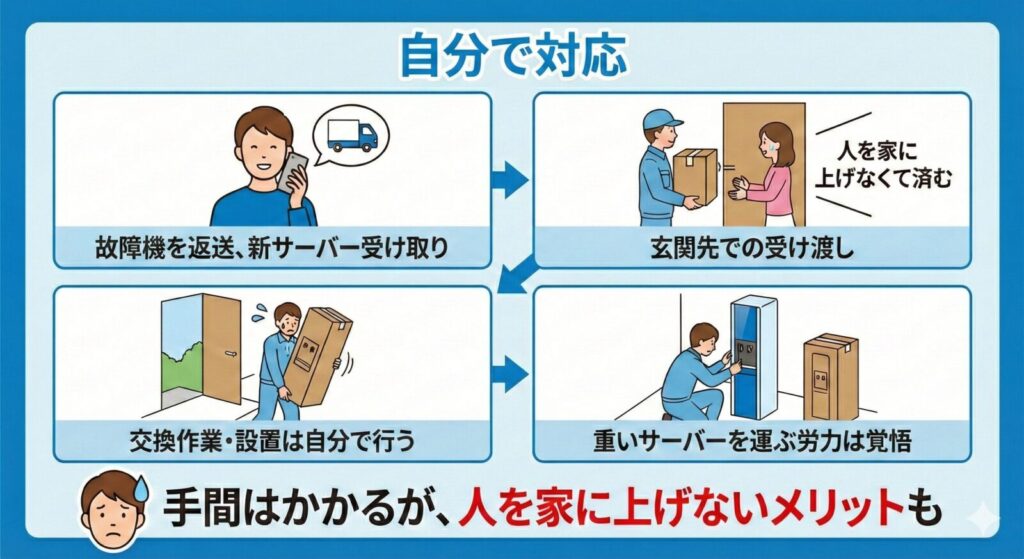 「自分で対応」と題された、ウォーターサーバー交換時のセルフ対応の流れを示す図解。4つのイラストで、1.「故障機を返送、新サーバー受け取り」、2.「玄関先での受け渡し（人を家に上げなくて済む）」、3.「交換作業・設置は自分で行う」、4.「重いサーバーを運ぶ労力は覚悟」という手順を描写。下部には「手間はかかるが、人を家に上げないメリットも」と記載されている。