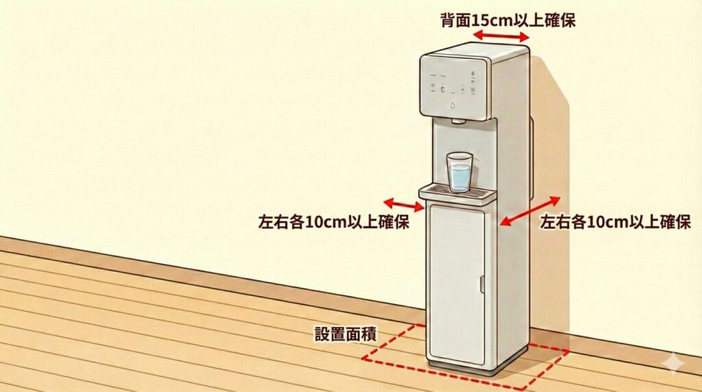 ピュアライフL（床置き型）の設置スペース目安を示す図。背面は壁から15cm以上、左右は各10cm以上の余白を確保し、床面には本体の設置面積（点線枠）を確保する必要があることを矢印と注記で説明している。