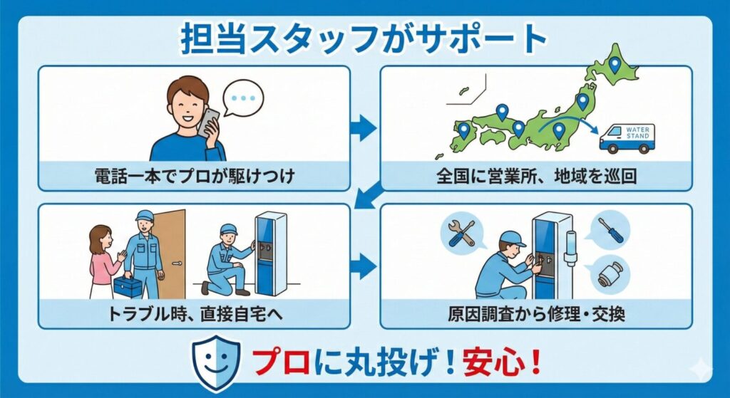 「担当スタッフがサポート」と題されたサービス体制の図解。4つのコマ割りイラストで、1.「電話一本でプロが駆けつけ」、2.「全国に営業所、地域を巡回」、3.「トラブル時、直接自宅へ」、4.「原因調査から修理・交換」という流れを説明している。下部には笑顔の盾マークと共に「プロに丸投げ！安心！」と強調されている。