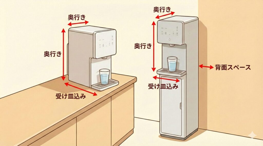 ピュアライフS（卓上）とL（床置き）の設置イメージ図。卓上は棚の奥行き・高さ・受け皿の出っ張り（受け皿込み）を確認、床置きは本体の奥行き・高さに加えて背面スペース（壁からの距離）と受け皿込みの奥行きを確保する必要があることを矢印で示している。
