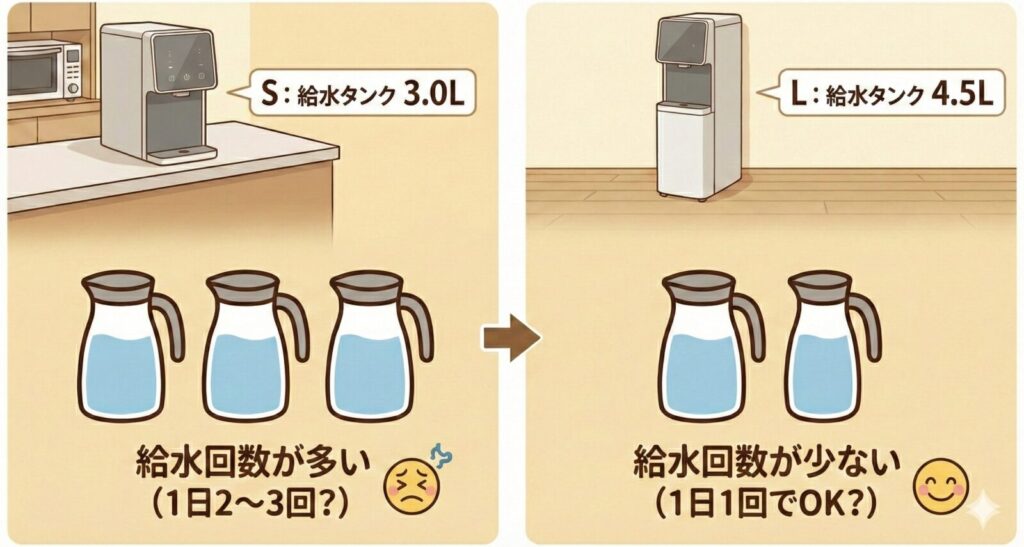 ピュアライフSとLの給水タンク容量による給水回数の違いを示す図。Sは給水タンク3.0Lで給水回数が多くなりやすい（1日2〜3回のイメージ）、Lは給水タンク4.5Lで給水回数が少なくなりやすい（1日1回でOKのイメージ）ことをイラストで比較している。
