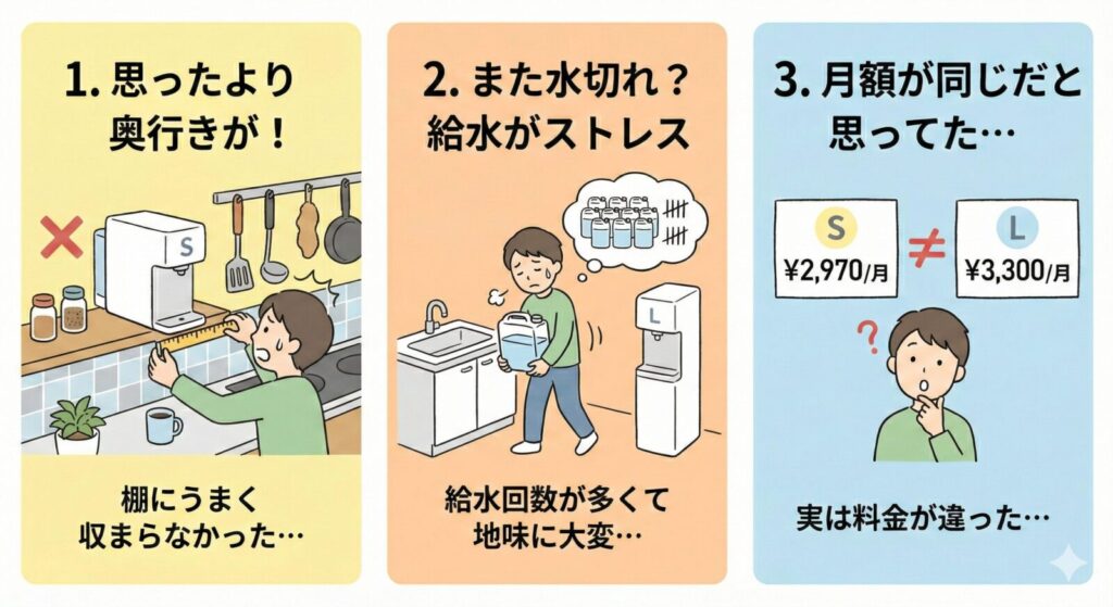 ウォータースタンド「ピュアライフ」SとLのよくある後悔3選。1.卓上型Sの奥行き計測ミスで棚に収まらない、2.給水タンク容量が少なくて水補充がストレス、3.S(2,970円)とL(3,300円)の月額料金の違い。SとLの比較と選び方の注意点まとめ。