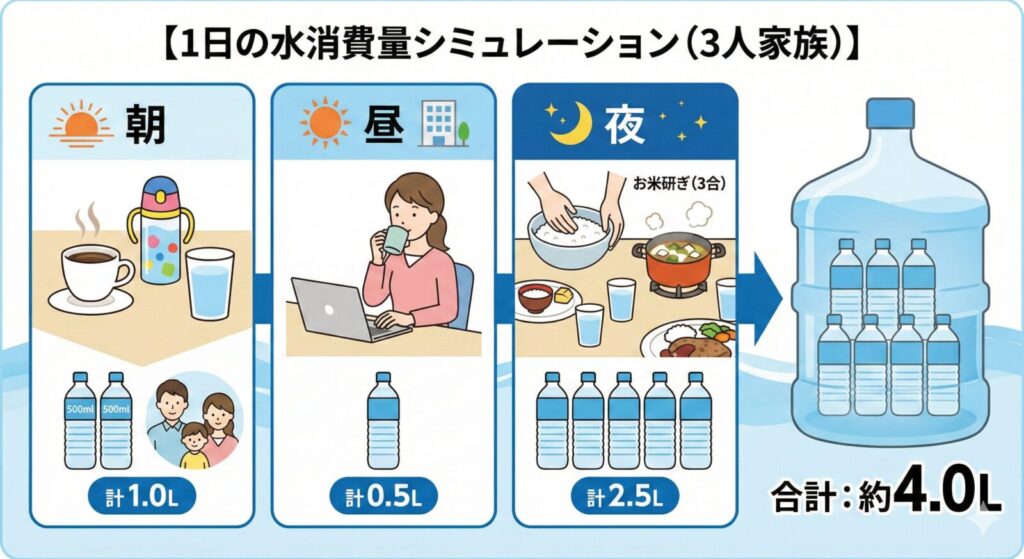 Gemini said
【1日の水消費量シミュレーション(3人家族)】の図解。朝はコーヒーや水筒などで計1.0L、昼は仕事中の飲み水で計0.5L、夜はお米研ぎや調理、飲み水で計2.5Lを使用するシーンがイラストで描かれ、1日の合計が約4.0Lになることが示されている。