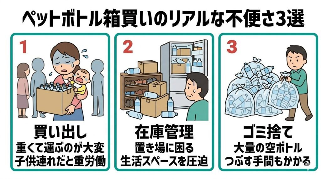 ペットボトル箱買いの不便さ3選（重労働、収納スペース、ゴミ出しの手間）をまとめたインフォグラフィック。