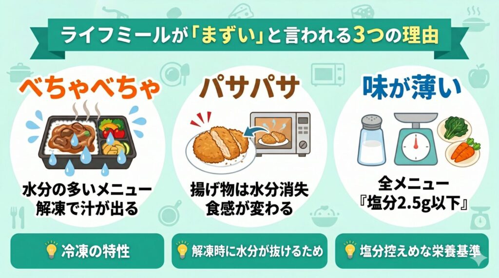ライフミールが『まずい』と言われる3つの理由（べちゃべちゃ、パサパサ、味が薄い）を、イラストとテキストで分かりやすくまとめたインフォグラフィック。