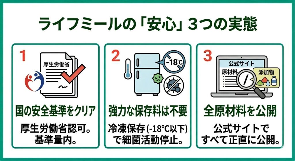 ライフミールの安全性を伝えるインフォグラフィック。国の基準クリア、保存料不要、原材料公開の3点。