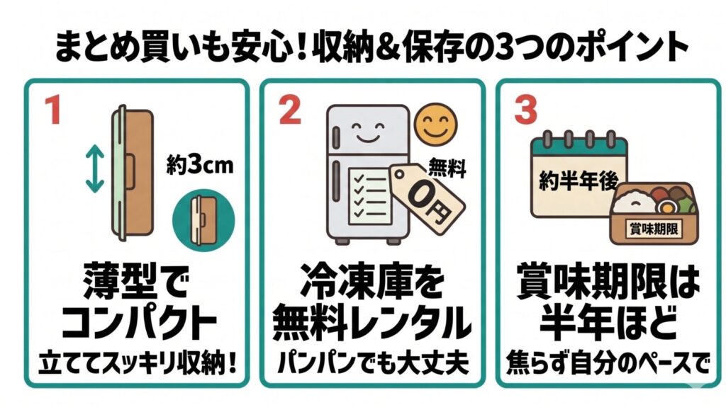 まとめ買いも安心！収納＆保存の3つのポイント（1.薄型でコンパクト、2.冷凍庫を無料レンタル、3.賞味期限は半年ほど）をまとめた図解。