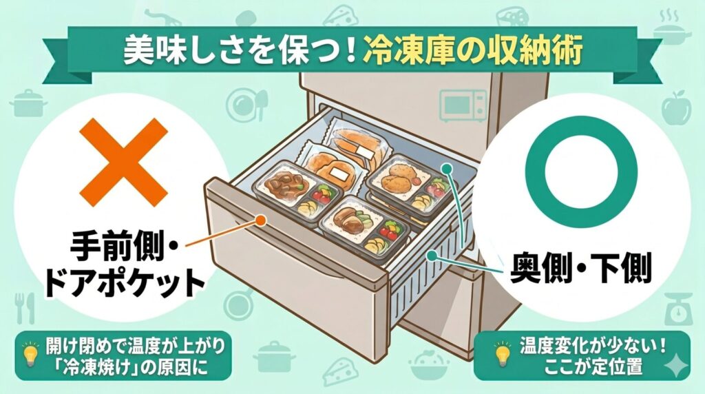 美味しさを保つための冷凍庫の収納術を紹介する図解。