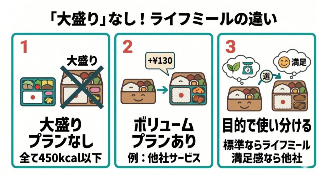 ライフミールには大盛りプランがないことと、他社との使い分けを説明した図