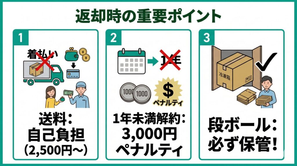 ライフミールの冷凍庫返却時の重要ポイント(送料自己負担・1年未満の解約ペナルティ・段ボール保管)をまとめた図解