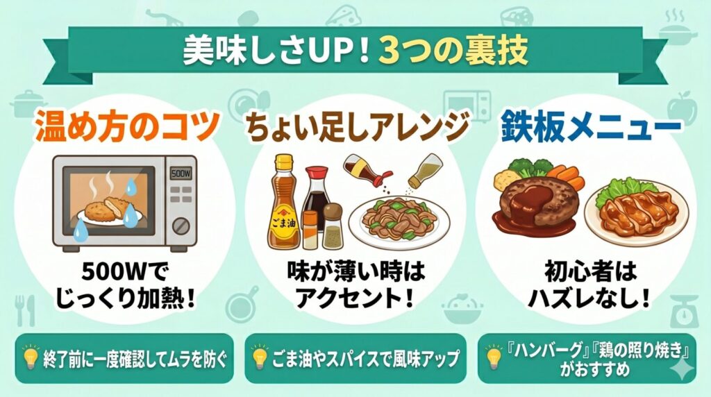 美味しさUP！3つの裏技（温め方のコツ、ちょい足しアレンジ、鉄板メニュー）を紹介する図解。