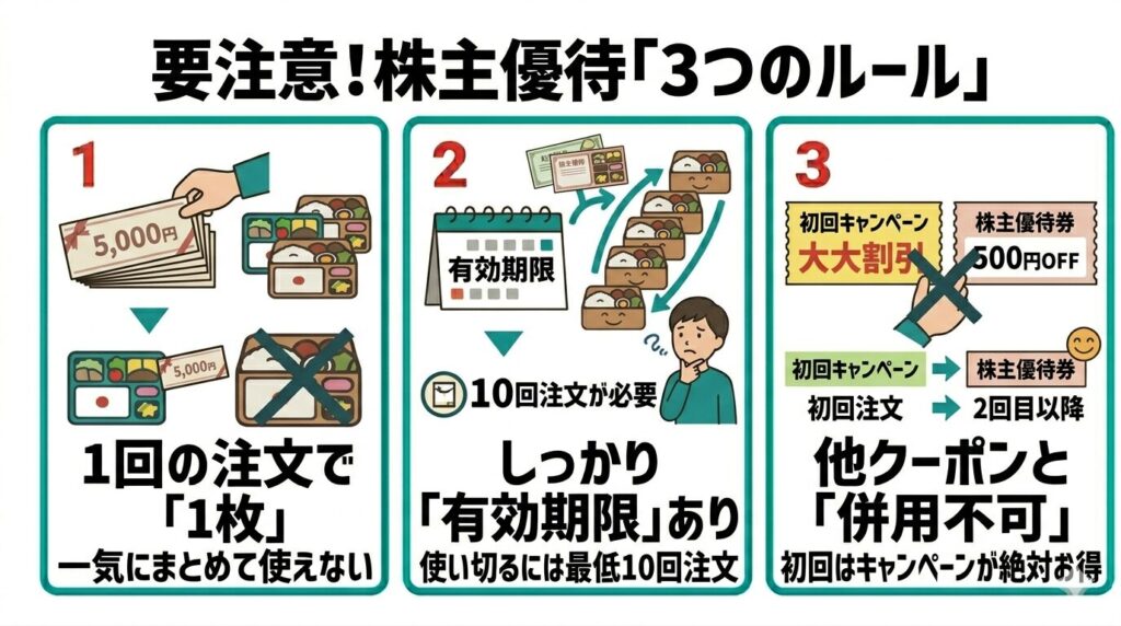 ライフミールの株主優待を利用する際の3つの注意点(1回の注文で使えるのは1枚のみ、有効期限内に使い切るには最低10回の注文が必要、他クーポンとの併用不可)をまとめた図解。