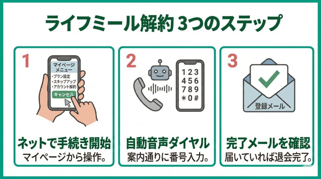 ライフミール解約の3ステップ図解
