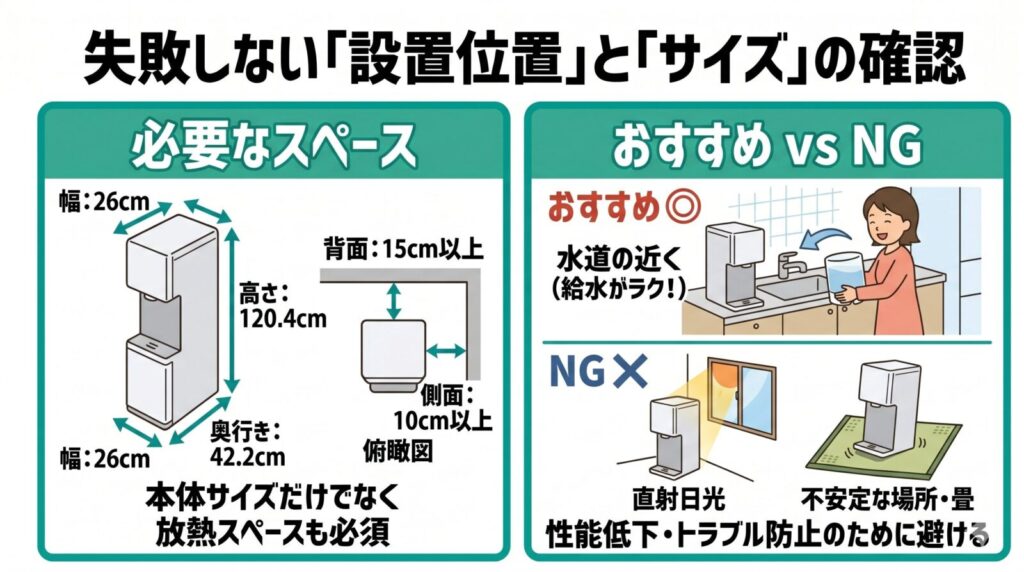ウォータースタンド「ピュアライフ」の本体サイズ（必要な放熱スペース）と、おすすめ・NGな設置場所をまとめた図解
