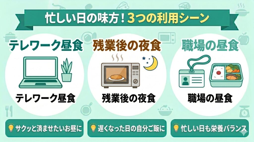 忙しい日の味方として、テレワーク昼食、残業後の夜食、職場の昼食の3つの利用シーンを紹介するインフォグラフィック。