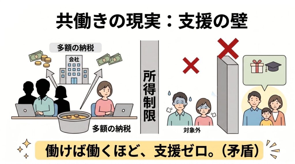 共働き夫婦が多額の納税をしているにもかかわらず、所得制限の壁に阻まれて支援対象外になってしまう矛盾を表した図解。