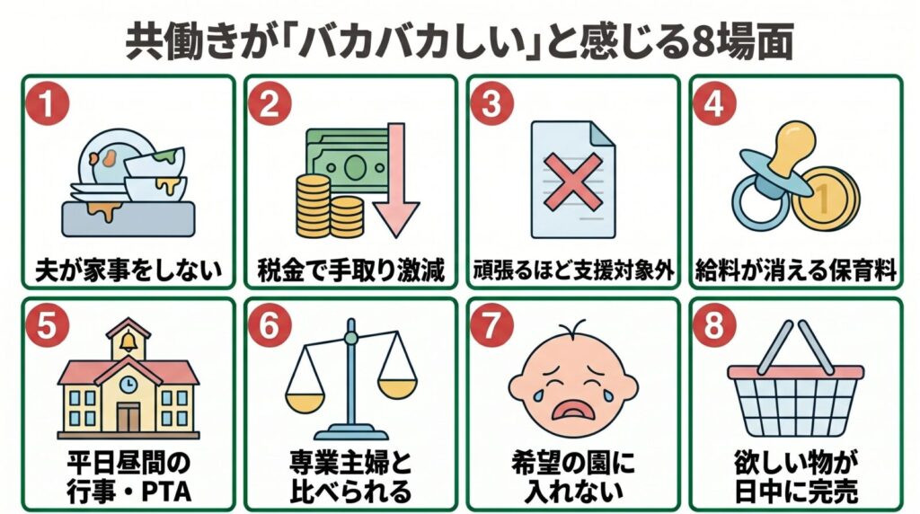 共働きがバカバカしいと感じる8つの場面の図解