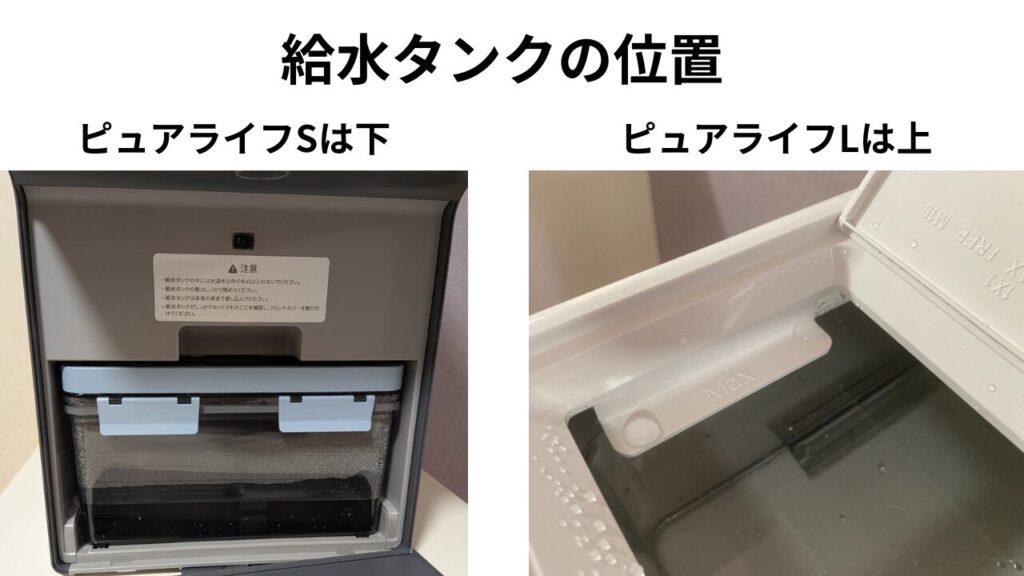 ピュアライフSとLの給水タンクの位置の違いの画像